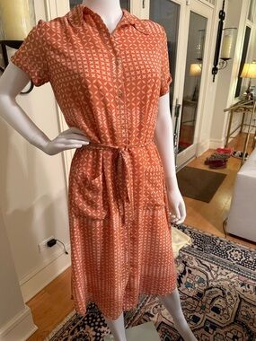 L'Academie Orange Geometric Midi Shirt Dress with Tie Waist